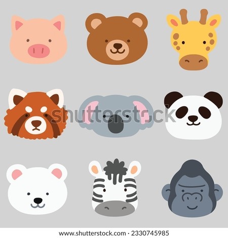 Set of flat colored cute and simple animal faces