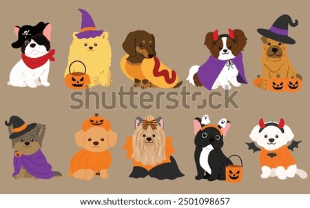 Simple and adorable Halloween illustrations of friendly small dogs flat colored