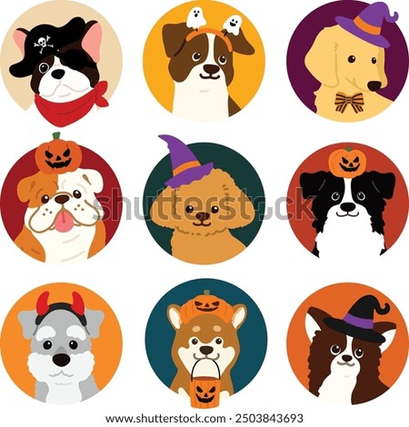 Simple and cute circle icon illustrations of friendly dogs on Halloween