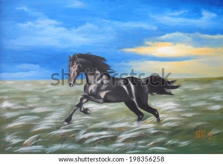 Black lightning Galloping black horse in the steppe. Oil on canvas.