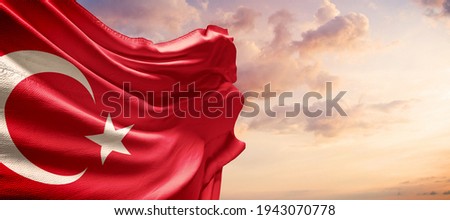 Turkey flag in the blue sky. Horizontal panoramic banner.