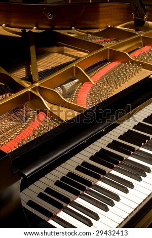Grand Piano with cover open to see the rich detail