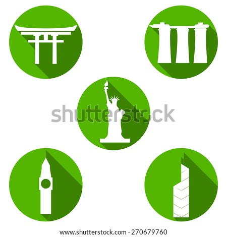 Set of white travel icons made in vector. Modern flat symbols of famous sightseeings including Big Ben, Statue of Liberty, Marina Bay Sands, Japan Arch and Bank of China Tower
