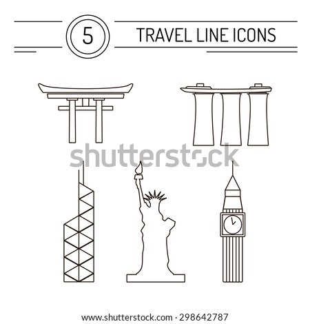 Set of line travel icons. Modern vector symbols of famous sightseeings including Big Ben, Statue of Liberty, Marina Bay Sands, Japan Arch and Bank of China Tower located in Hong Kong.
