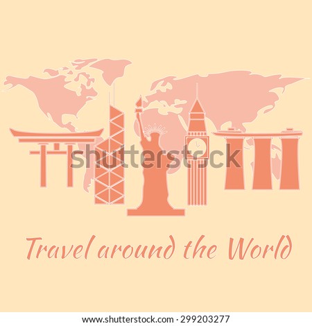 Set of line travel icons with a world map on the back ground in light colors. Travel poster in modern flat style.