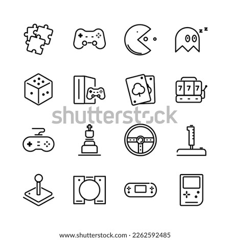 Video games icon set. Game genres and attributes. Linear design. Lines with editable stroke. Isolated vector icons.