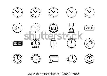 Time, clock, timer, stopwatch and alarm lines icon set. Time genres and attributes. Linear design. Lines with editable stroke. Isolated vector icons.