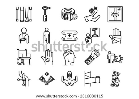 Plaster, Crutches and Bandage lines icon set. Plaster, Crutches and Bandage genres and attributes. Linear design. Lines with editable stroke. Isolated vector icons.