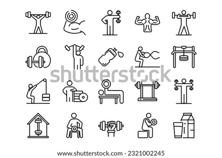 Weightlifting lines icon set. Weightlifting genres and attributes. Linear design. Lines with editable stroke. Isolated vector icons.