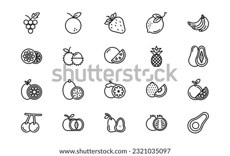 Fruits lines icon set. Fruits genres and attributes. Linear design. Lines with editable stroke. Isolated vector icons.