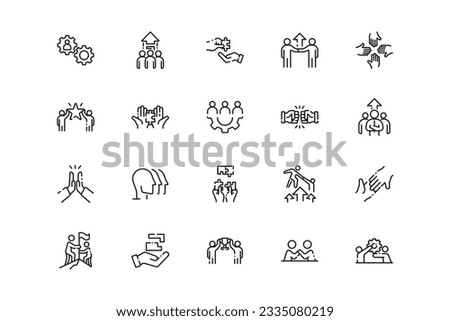 Teamwork lines icon set. Teamwork genres and attributes. Linear design. Lines with editable stroke. Isolated vector icons.