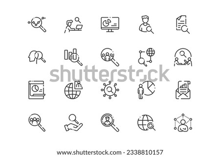 Research and Analysis lines icon set. Research and Analysis genres and attributes. Linear design. Lines with editable stroke. Isolated vector icons.