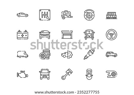 Car lines icon set. Car genres and attributes. Linear design. Lines with editable stroke. Isolated vector icons.