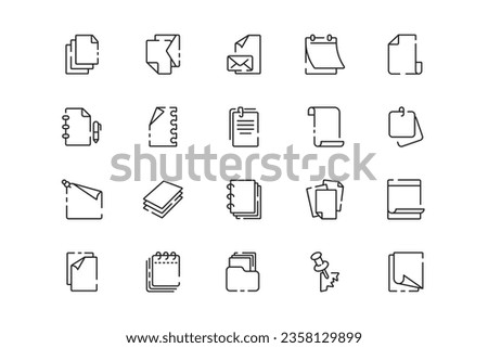 Paper lines icon set. Paper genres and attributes. Linear design. Lines with editable stroke. Isolated vector icons.