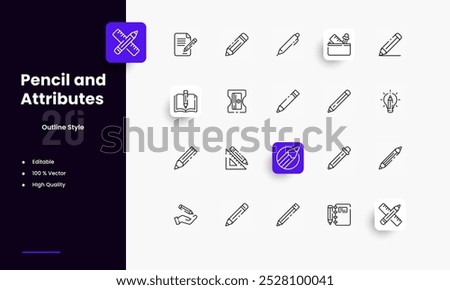 Pen and Pencil lines icon set. Pen and Pencil genres and attributes. Linear design. Lines with editable stroke. Isolated vector icons.