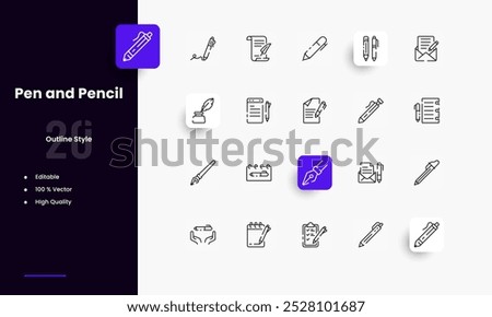 Pen and Pencil lines icon set. Pen and Pencil genres and attributes. Linear design. Lines with editable stroke. Isolated vector icons.