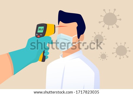 COVID-19 Coronavirus flu patient with high temperature fever concept, doctor holding infrared thermometer to measure body temperature at forehead result in high temperature fever with virus pathogens
 Foto stock © 