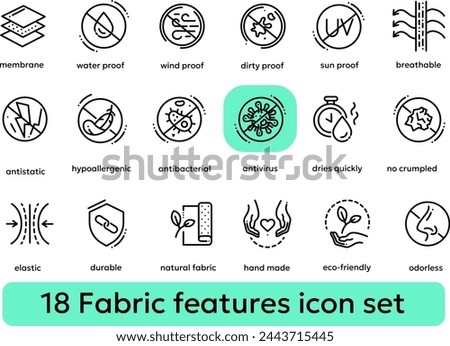 Set of fabric features icons. Line art style icon bundle. Vector illustration