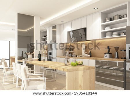 White modern contemporary kitchen with Kitchen equipment and island counter on wooden floor. 3d rendering