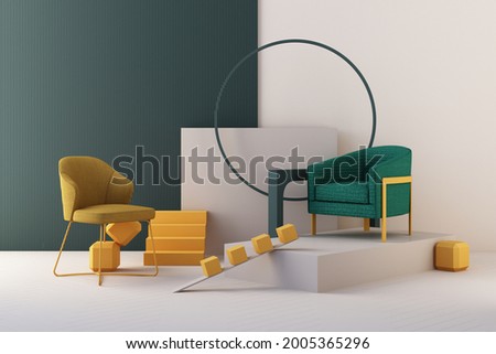 yellow and green color chairs, sofa, armchair in empty background. surrounding by geometric shape Concept of minimalism  installation art. 3d rendering mock up Stock foto © 