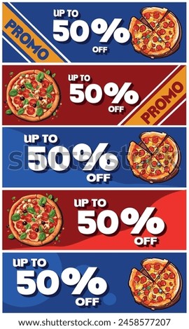 50 OFF, 5 discount coupons for purchasing pizzas, blue and red.