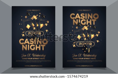 Casino night party template design with casino element on shiny black background and venue details.