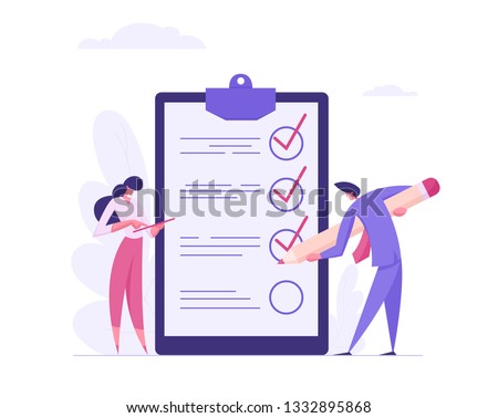 Businessman Character Mark Checklist with Pen. Businesswoman Completion Business Task. Goal Achievements Planning Schedule Concept. Flat Vector Cartoon Illustration