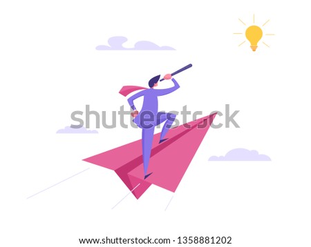 Business Vision, Future Strategy Success Concept. Businessman Character Flying on Paper Plane. Banner with Man Looking for New Idea with Telescope for Website, Banner, Poster. Flat Vector Illustration