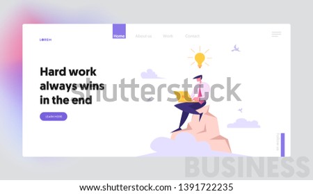 Businessman with Laptop Working on Top of Mountain Banner Website. Developer with Creative Idea Light Bulb Coding on the Peak. Freelancer Project Manager Character Concept Landing Page. Vector flat
