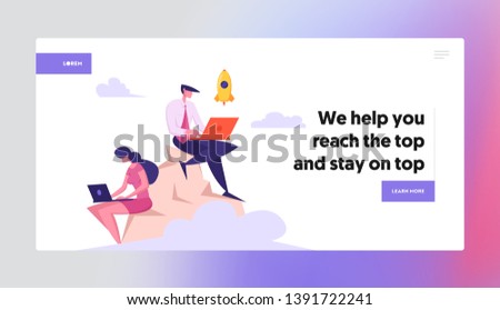 Businessmen Team with Laptop Working on Top of Mountain Landing Page. Developer Launch Rocket Start Up on the Peak. Freelancer Project Manager Character Concept Banner Website. Vector illustration