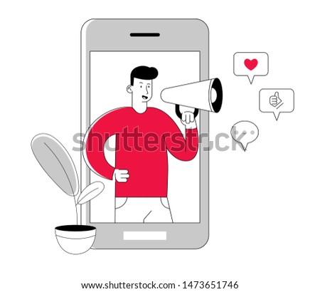 Blogging and Social Media Networking Concept. Man Blogger Character with Megaphone in Hands Stand at Smartphone Screen Broadcasting Streaming Video Post, Announcement Cartoon Flat Vector Illustration