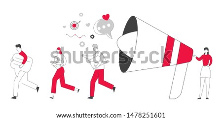 Public Relations and Affairs, Communication Pr Agency Marketing Team Work with Huge Megaphone. Alert Advertising, Propaganda Speech Bubbles, Social Media Promotion. Cartoon Flat Vector Illustration