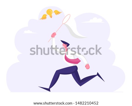 Businessman Chasing Flying Light Bulb Trying to Catch it with Butterfly Net. Business Man Searching Inspiration Creative Idea, Financial Success Opportunity Wealth. Cartoon Flat Vector Illustration