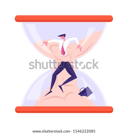 Businessman Sinking in Sand inside of Hourglass with Briefcase Lying on Bottom. Deadline in Business Process Concept, Time Management, Working Schedule Infographics. Cartoon Flat Vector Illustration