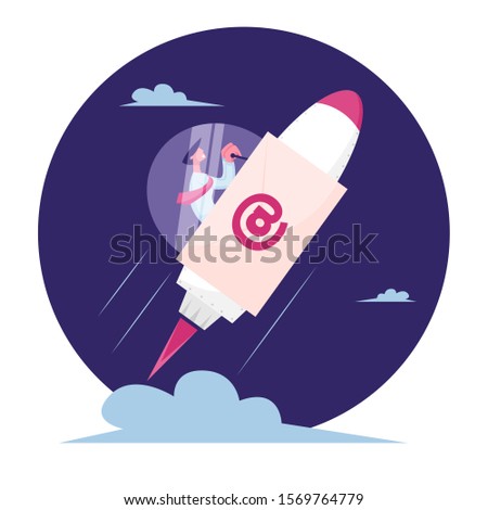 Business Mail, Correspondence Concept. Businessman Flying Forward to Space on Rocket Engine Sitting in Cockpit with Glass Dome and Email Sign on Board, Express Message. Flat Vector Illustration