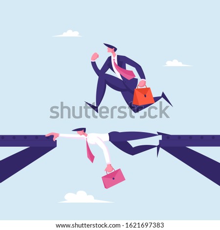 Business Man Careerist, Social Climber with Brief Case Running over Head of Businessman Colleague Like on Bridge. Leadership Challenge, New Opportunity Success Concept. Cartoon Vector Illustration