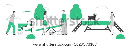 People Spend Time with Pets Outdoors. Male Female Characters Walking and Training Dogs in Summer Park. Relaxing Leisure, Communication Love, Care of Animals. Cartoon Flat Vector Illustration, Line Art