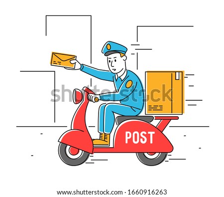 Postman Shipping Parcel and Mail by Scooter. Courier Man Hold Paper Envelop in Hand. Mailman Character Delivering Post on Moped. Express Delivery Service. Cartoon Flat Vector Illustration, Line Art