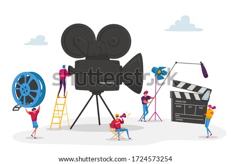 Tiny Characters Making Movie. Operator Using Camera and Staff with Professional Equipment Recording Film. Director with Megaphone, People with Clapperboard and Reel Film. Cartoon Vector Illustration