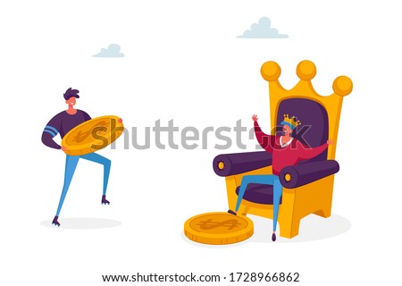 Hype, Viral Info in Social Network, Trends in Advertising, News and Public Relations Concept. Male Character Give Golden Money Coin to King Sitting on Throne. Cartoon People Vector Illustration