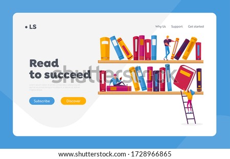 Reading and Education, Media Archive Landing Page Template. People Read and Study, Students Prepare for Exam, Gaining Knowledges. Tiny Characters on Shelf with Huge Books. Cartoon Vector Illustration