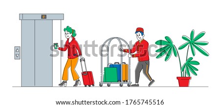 Hotel Staff Meeting Guest in Hall Carrying Luggage by Cart. Woman Character Checkin, Stay in Guesthouse for Vacation or Business Trip. Hospitality, Room Reservation. Linear People Vector Illustration