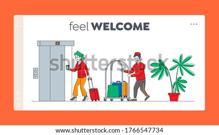 Hospitality, Room Reservation Landing Page Template. Hotel Staff Meeting Guest in Hall Carrying Luggage by Cart. Woman Character Check in Guesthouse for Vacation. Linear People Vector Illustration