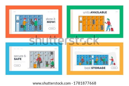 Characters Use Luggage Storage Service Landing Page Template Set. People Put Bags in Locker in Airport or Supermarket. Travelers with Suitcases in Place for Keeping Baggage. Linear Vector Illustration