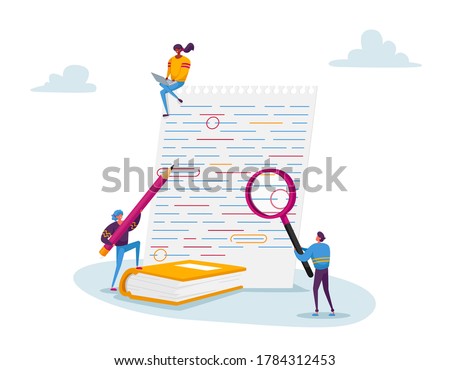 Tiny Characters with Huge Magnifying Glass and Red Pencil Edit and Correct Mistakes in Paper Test. Teacher or Student Fix Grammar and Punctuation Underlined Errors. Cartoon People Vector Illustration