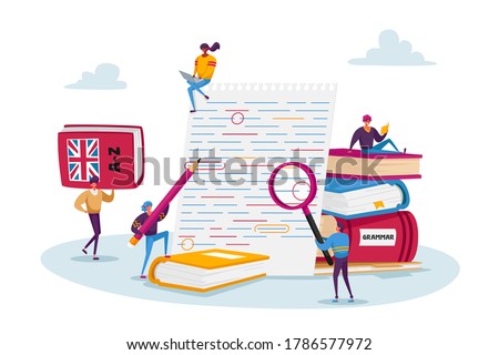 English Grammar Examination. Tiny Characters Correct Mistakes and Errors on Test Written on Huge Paper. Fail Exam Results, Incorrect Answers, Red Underlined Errors. Cartoon People Vector Illustration