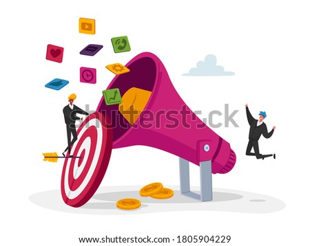 Digital Marketing, Public Relations and Affairs, Communication. Pr Agency Tiny Characters Team Work with Huge Megaphone. Alert Advertising, Social Media Promotion. Cartoon People Vector Illustration