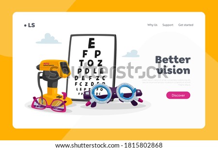 Ophthalmological Equipment Landing Page Template. Chart for Eyesight Check Up, Auto Refractometer and Eyeglasses. Oculist Optician Devices for Checking Vision, Eyes Focus. Cartoon Vector Illustration