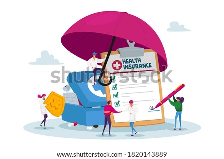 Tiny Characters under Huge Umbrella Fill Policy Document, Doctor Holding Protective Shield with Cross. People Signing Health Insurance, Medical Protection, Life Guarantee. Cartoon Vector Illustration