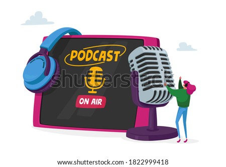 Tiny Female Character in Headset Speaking at Huge Microphone near Table Pc Conducting Audioprogram, Podcast or Online Broadcasting, Livestream, Webcasting Entertainment. Cartoon Vector Illustration